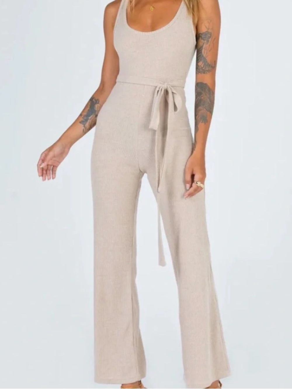 Princess Polly Beige Ribbed Tie-Waist Wide-Leg Jumpsuit